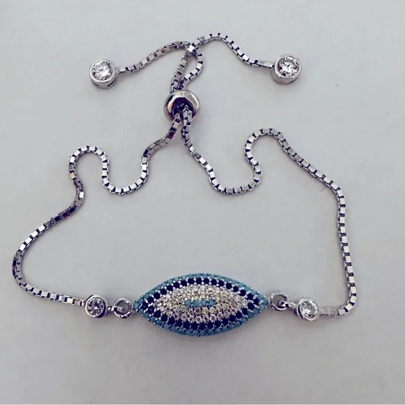 🧿925 Silver evileye bracelet bolo cubic zirconia stones oval shape - Picture 1 of 3